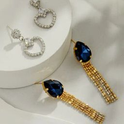 Aatmana Set Of 2 Gold Heart Shaped Rhodium-Plated Blue Stone Studded Contemporary Drop Earrings-2