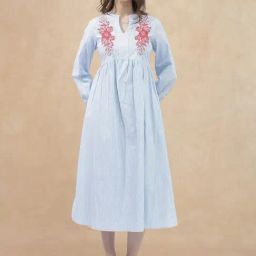 RAREISM Blue Cotton Striped Long Sleeves Dress-image-25
