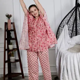 NEUDIS Pink Cotton Floral Print Kaftan With Pants-15