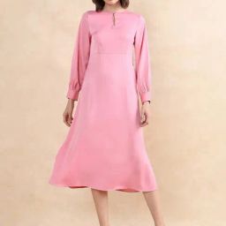 RAREISM Pink Satin Solid Long Sleeves Dress-image-38