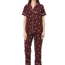 Smarty Pants Maroon Cotton Regular Fit Printed Pyjama Set-image-24