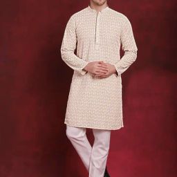 Jompers Beige & Golden Regular Fit Embroidered Kurta Bottom Set-image-1