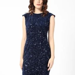 RAREISM Blue Polyester Embellished Short Sleeves Dress-image-80