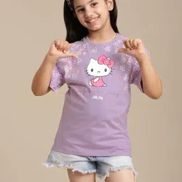 Kidsville Hello Kitty Printed Relaxed Fit Purple T-Shirt For Girls-image-6
