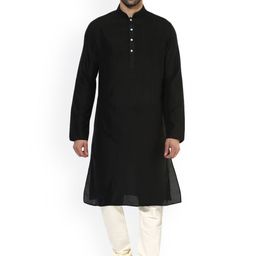 KISAH Men Black & White Solid Kurta with Churidar-image-70
