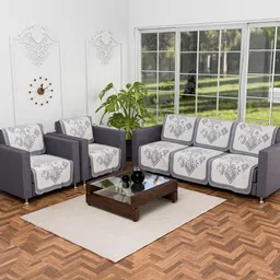 Aura Cream-Coloured & Grey Printed Cotton Sofa Cover-11