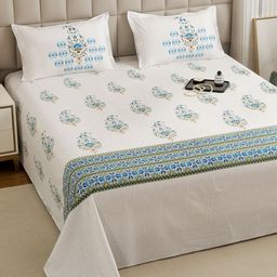 Story@home White & Blue Ethnic Motifs Bedsheet with 2 Pillow Covers-image-102