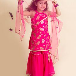 Pspeacnhes Sleeveless Floral Foil Printed Kurta & Sharara With Dupatta Set - Magenta Pink-image-92