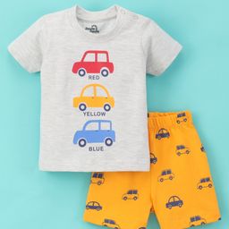 Doodle Poodle 100% Cotton Half Sleeves Night Suit Car Print- Grey & Orange-image-11
