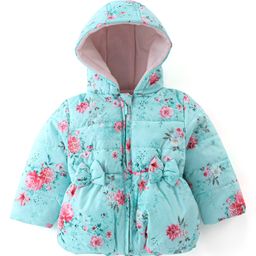 Babyhug Woven Full Sleeves Hooded Jacket with Bow Floral Print - Aqua Blue-image-100