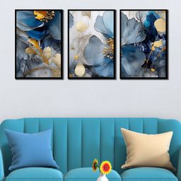 WENS Abstract Blue Flower Framed Canvas Set of 3 Painting for Home Decor 19 Inch x 39 Inch-image-72