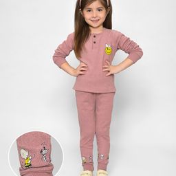 Mi Arcus Peanuts Featuring 92% Polyester 8% Lycra Full Sleeves Snoopy & Charlie Printed Winter Wear Thermal Tee & Pajama Set - Peach-image-31