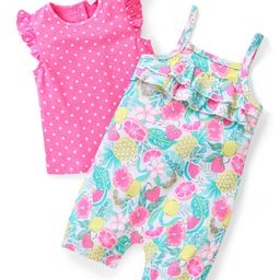 Babyhug Single Jersey Knit Pineapple Printed Dungaree with Frill Sleeves Inner Tee - Pink & Multicolor-image-81