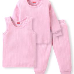 Babyhug Cotton Full Sleeves Thermal Vest and Pant Set Solid - Pink-image-20