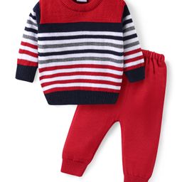 Babyhug Knit Full Sleeves Sweater & Pant Set Stripe Design - Red & Navy Blue-image-46