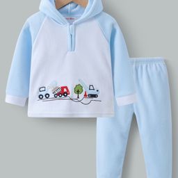 Kookie Kids Full Sleeves Hooded Winter Wear T-Shirt & Pant Set with Truck Embroidery - Blue & White-image-87