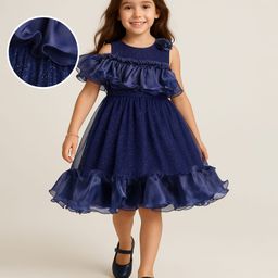 Mark & Mia Woven Sleeveless Party Dress with Frill Detailing & Corsage Applique - Navy Blue-image-85