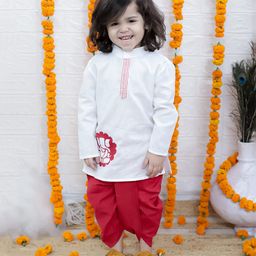 BownBee Cotton Full Sleeves Ganesh Printed Kurta & Dhoti - White-image-9