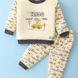 Little Darlings Quilted Knit Full  Sleeves Winter Wear T-Shirt & Pant Set with Bear Embroidery & Car Print - Cream-image-99