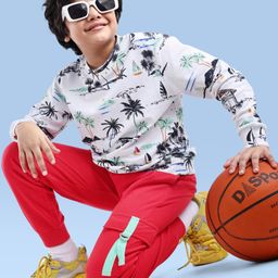 Ollington St. 100% CottonKnit Full Sleeves Sweatshirt & Joggers with Beach Theme Print - Red & White-picture-30