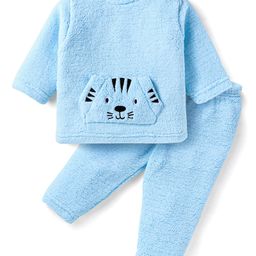 Babyhug Woven Full Sleeves Fur Winter Wear T-Shirt & Joggers Set with Bear Embroidery & Kangaroo Pockets -Light Blue-image-98