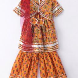 Teentaare Cotton Half Sleeves Kurti & Gharara Set with Dupatta Floral Print - Orange-image-69