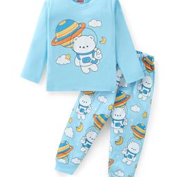 Babyhug Cotton Knit Full Sleeves Night Suit with Bear Print - Sky Blue-image-103