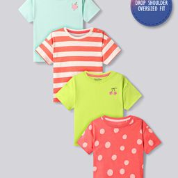 Bonfino Cotton Knit Half Sleeves Over Sized T-Shirt with Stripes & Fruit Print Pack of 4 - Multicolor-image-43