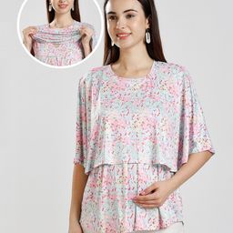 True Shape Cape Sleeves Abstract Printed Maternity Poncho Top With Attached Nursing Cover & Zipless Feeding Access - Pink-image-37