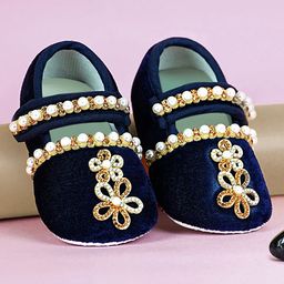 Coco Candy Velvet Pearl & Stone Embellished Detailed Velcro Closure Booties - Navy Blue-image-68