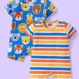 Babyhug 100% Cotton Knit Half Sleeves Rompers with Animal Print & Stripes Pack of 2 - Yellow & Blue-picture-26