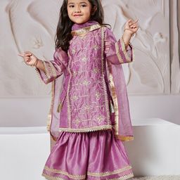 Vastramay Tissue Three Fourth Sleeves Floral Embroidered & Sequins Embellished Kurta Sharara & Dupatta Set - Purple-image-91