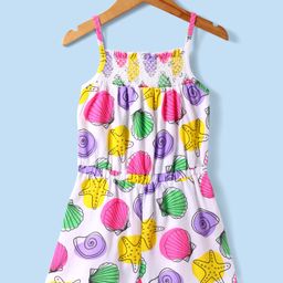 Babyhug Cotton Knit Singlet Sleeves Jumpsuit with Sea Life Print & Shimmer - White-image-18