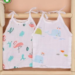 Mom's Home Muslin Organic Cotton Sleeveless Pack Of 2 Flamingo & Whale Printed Jhablas - White & Pink-image-26