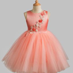 Toy Balloon Kids Net Sleeveless Pearls Embellished Floral Applique Detailed Dress - Peach-image-71