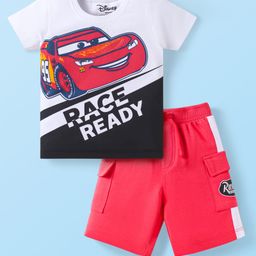 Babyhug Disney Single Jersey Knit Half Sleeves T-Shirt & Short Set With Car Graphics - White & Red-image-76