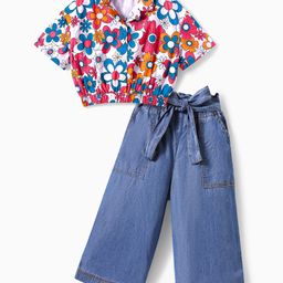 Ollington St. Woven Half Sleeves FloralPrinted Top & Denim Culottes - Multicolor & Indigo-image-96