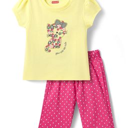 Babyhug Cotton Knit Half Sleeves Capri Night Suit with Kitty & Polka Dots Print - Yellow & Dark Pink-image-96