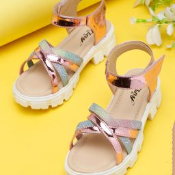 Tiny Bugs Glitter & Metallic Striped Designed With Velcro Closure Sandals - Multi Colour-image-61