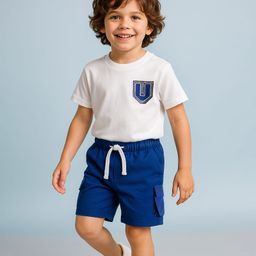 Mark & Mia Cotton Knit Half Sleeves Oversized T-Shirt & Shorts Set With Pocket & Graphics Detailing - White & Blue-picture-16