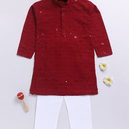 JBN Creation Rayon Full Sleeves Threadwork Embroidered Sequins Embellished Kurta Pyjama Set - Maroon-image-43
