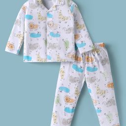 Kookie Kids Single Jersey Knit Full Sleeves Co-ord Night Suit With Animal Print - White-image-63