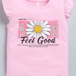 giniekids Cotton Frill Sleeves Feel Good Text Top - Pink-image-97