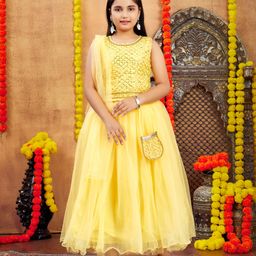 Aarika Georgette Woven Sleeveless Threadwork Embroidered Sequins Embellished Potli Attached Lehenga Choli With Dupatta Set - Yellow-image-70