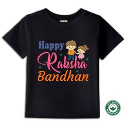 BLUSHES 100% Cotton Knit Raksha Bandhan Theme Half Sleeves Happy Raksha Bandhan Text Printed Tee - Black-picture-30