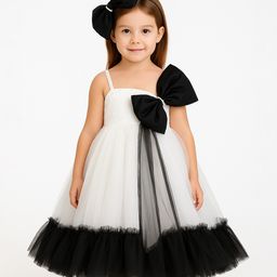 Tilism Woven Sleeveless Bow Applique Detailed Dress With Hair Band - Black & White-image-4