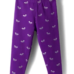 Babyhug Cotton Lycra Knit Full Length Leggings with Stretch & Bow Print - Purple-picture-48
