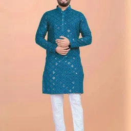 shreeram Men Embroidered Straight Kurta (Blue)-image-59