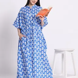 Safeera Women Floral Printed Cotton Shirt Kaftan Maxi Dress-image-71