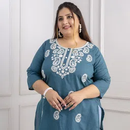Lee Moda Plus Size Paisley Embroidered Round Neck Pure Cotton Kurti-picture-32